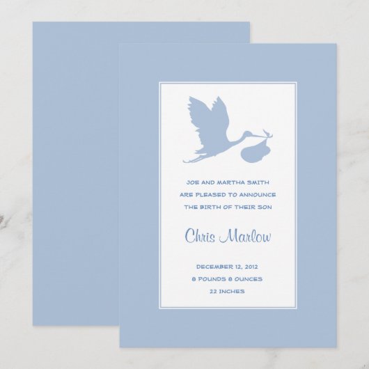Blue Stork geboorte aankondiging (Voorkant / Achterkant)