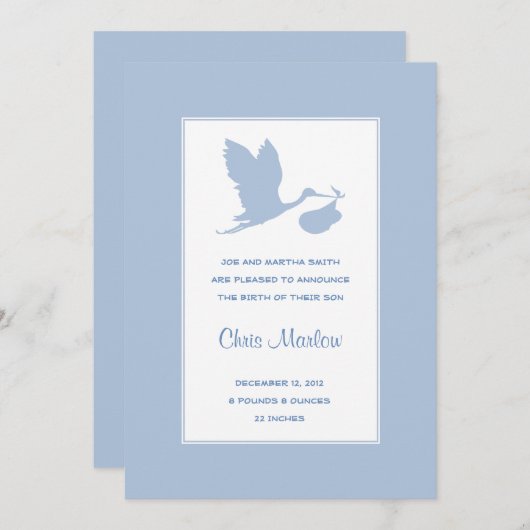 Blue Stork geboorte aankondiging (Voorkant / Achterkant)