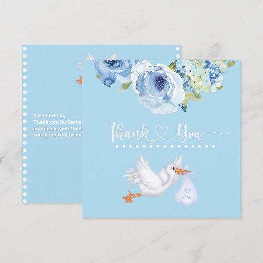 Blue Stork Monogram Floral Baby shower Bedankt (Voorkant / Achterkant)