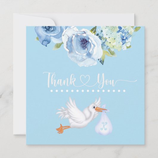 Blue Stork Monogram Floral Baby shower Bedankt (Voorkant)