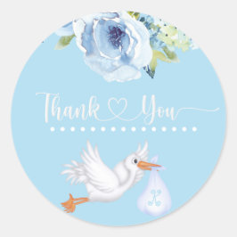 Blue Stork Monogram Floral Baby shower Bedankt Ronde Sticker