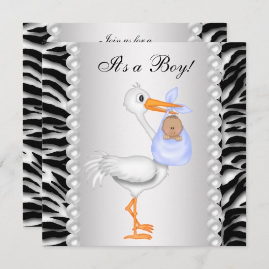Blue Stork Zebra Baby Boy Shower Kaart (Voorkant / Achterkant)