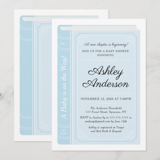 Blue Storybook Baby shower Invitation Kaart (Voorkant / Achterkant)