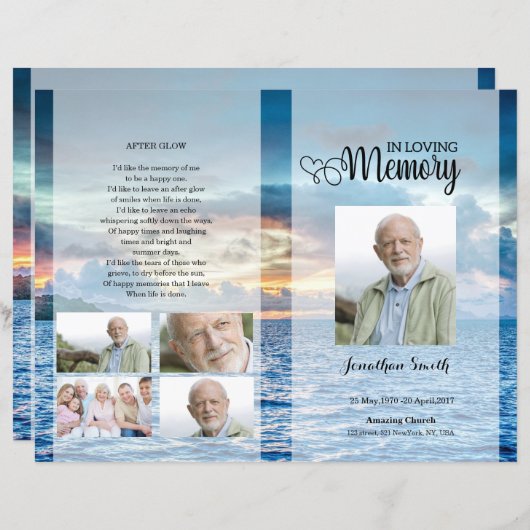 Blue strand Funeral Program sjabloon (Voorkant / Achterkant)