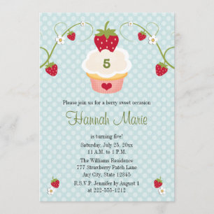 Blue Strawberry Cupcake Birthday Foto Uitnodiging