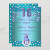 Blue Streamers & Cake Sweet 16 Verjaardag Uitnodig Kaart (Voorkant / Achterkant)