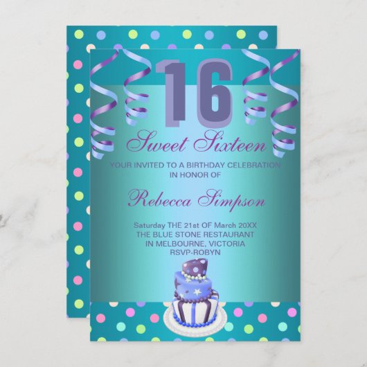 Blue Streamers & Cake Sweet 16 Verjaardag Uitnodig Kaart (Voorkant / Achterkant)
