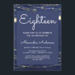 Blue String Light Mason Jar 18e verjaardag Kaart<br><div class="desc">Royal Blue en Gold String Light Mason Jar Achttiende Verjaardag Party Uitnodiging voor een 18e verjaardagsfeest. Deze uitnodiging is perfect voor een nacht onder de nachtelijke hemel Mason Jar op String Lights Outdoor draaien 18 (achttien) verjaardagsfeest. Neem contact op met de ontwerper voor aangepaste overeenkomende items.</div>
