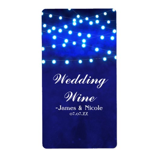 Blue String Lights Rustic Wedding Party Wine Label (Voorkant)