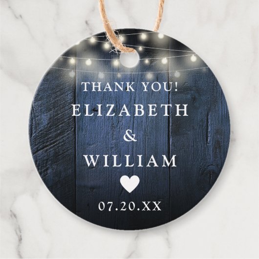 Blue String Lights Rustiek Hout Boho Schuur Huweli Bedankjes Labels (Voorkant)