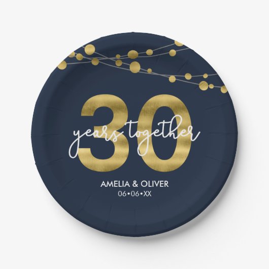 Blue Strings of Lights 30ste Jubileum Party Papieren Bordje (Voorkant)