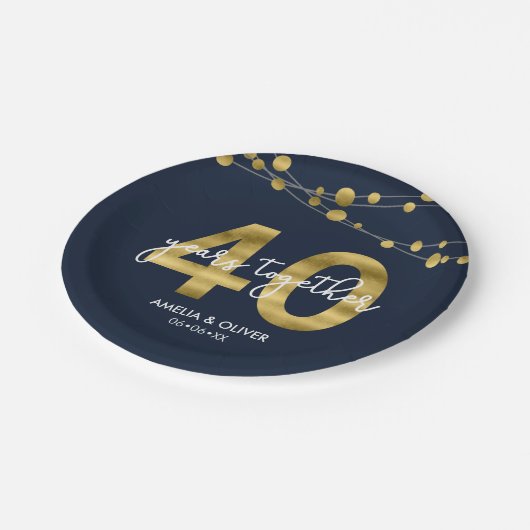 Blue Strings of Lights 40ste Jubileum Party Papieren Bordje (Gekanteld)