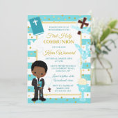 Blue Stripe Afro-Amerikaanse jongen eerste communi Kaart (Staand voorkant)