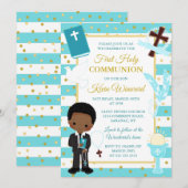 Blue Stripe Afro-Amerikaanse jongen eerste communi Kaart (Voorkant / Achterkant)
