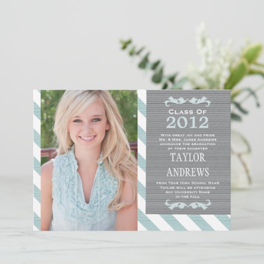 Blue Stripe Afstuderen Photo Announite Kaart (Staand voorkant)