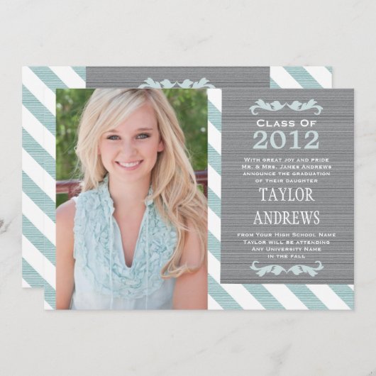Blue Stripe Afstuderen Photo Announite Kaart (Voorkant / Achterkant)