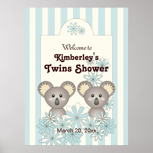 Blue Stripe Baby Koala Twin Kinder Party Welcome Poster (Voorkant)
