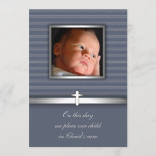 Blue Stripe Baby Photo Christening Kaart