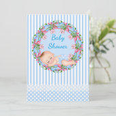 Blue Stripe Baby shower Invitation with Slaping Kaart (Staand voorkant)