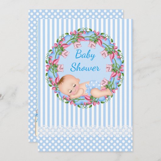 Blue Stripe Baby shower Invitation with Slaping Kaart (Voorkant / Achterkant)