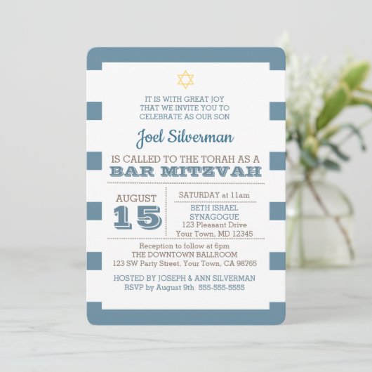 Blue Stripe Bar Mitzvah Uitnodiging (Staand voorkant)
