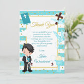Blue Stripe Black Hair Boy First Heilige Communie Bedankkaart (Staand voorkant)