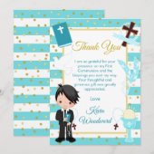 Blue Stripe Black Hair Boy First Heilige Communie Bedankkaart (Voorkant / Achterkant)