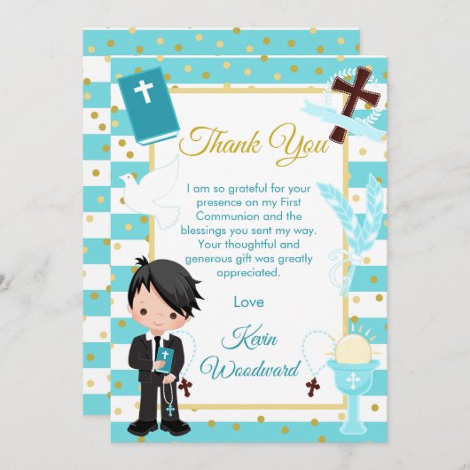 Blue Stripe Black Hair Boy First Heilige Communie Bedankkaart (Voorkant / Achterkant)