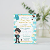 Blue Stripe Black Hair Boy First Heilige Communie Briefkaart (Staand voorkant)