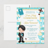 Blue Stripe Black Hair Boy First Heilige Communie Briefkaart (Voorkant / Achterkant)