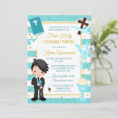 Blue Stripe Black Hair Boy First Heilige Communie Kaart (Staand voorkant)