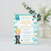 Blue Stripe Blonde Boy First Heilige Communauteit  Briefkaart (Staand voorkant)