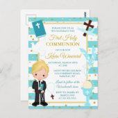 Blue Stripe Blonde Boy First Heilige Communauteit  Briefkaart (Voorkant / Achterkant)