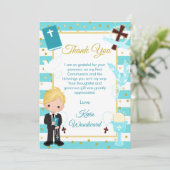 Blue Stripe Blonde Boy First Heilige Communie Bedankkaart (Staand voorkant)