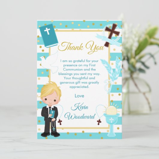 Blue Stripe Blonde Boy First Heilige Communie Bedankkaart (Staand voorkant)