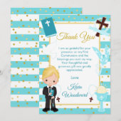 Blue Stripe Blonde Boy First Heilige Communie Bedankkaart (Voorkant / Achterkant)