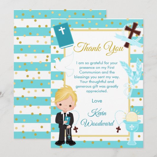 Blue Stripe Blonde Boy First Heilige Communie Bedankkaart (Voorkant / Achterkant)