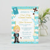Blue Stripe Blonde Boy First Heilige Communie Kaart (Staand voorkant)
