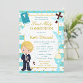 Blue Stripe Blonde Haire Boy First Heilige Communi Kaart (Staand voorkant)