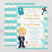 Blue Stripe Blonde Haire Boy First Heilige Communi Kaart (Voorkant / Achterkant)