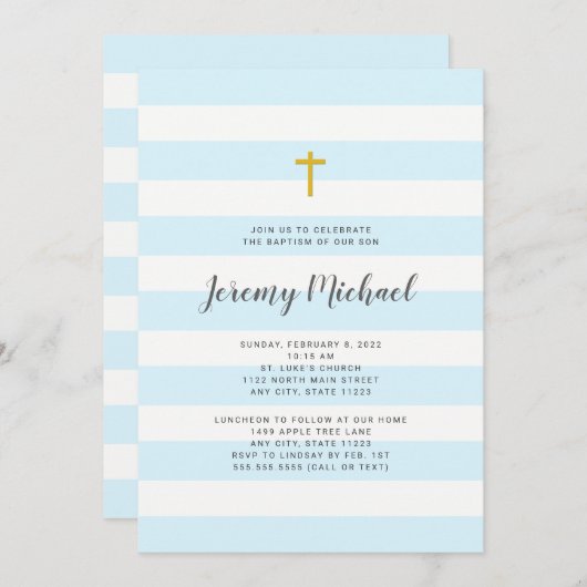 Blue Stripe Boy Baptism of First Community nodig Kaart (Voorkant / Achterkant)