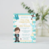 Blue Stripe Brunette Boy First Heilige Communie Briefkaart (Staand voorkant)