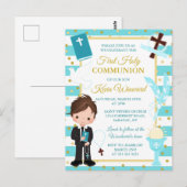 Blue Stripe Brunette Boy First Heilige Communie Briefkaart (Voorkant / Achterkant)