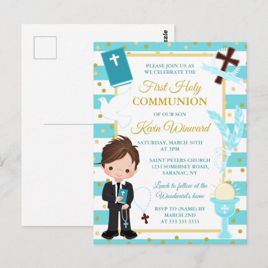 Blue Stripe Brunette Boy First Heilige Communie Briefkaart (Voorkant / Achterkant)