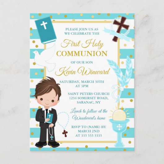 Blue Stripe Brunette Boy First Heilige Communie Briefkaart (Voorkant)
