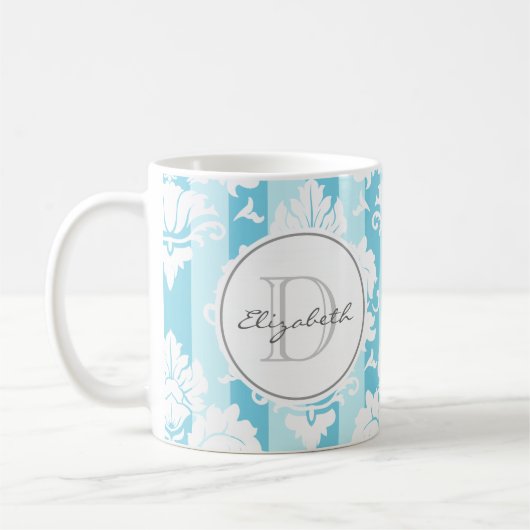 Blue Stripe Damask Monogrammed Mok (Links)