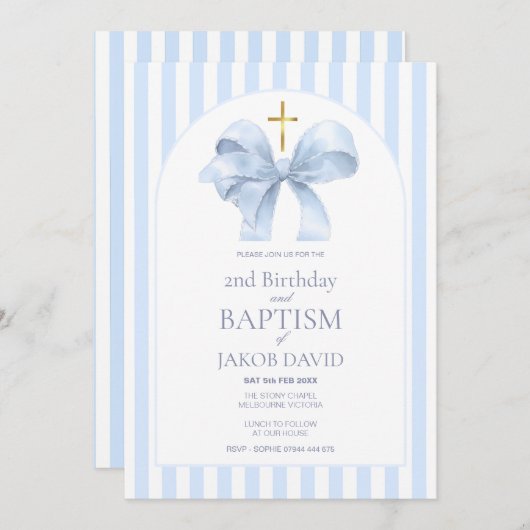 Blue Stripe doop en 2e verjaardag uitnodiging (Voorkant / Achterkant)