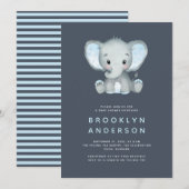 Blue Stripe Elephant Boy Baby shower Invitation Kaart (Voorkant / Achterkant)