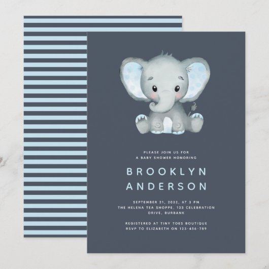 Blue Stripe Elephant Boy Baby shower Invitation Kaart (Voorkant / Achterkant)