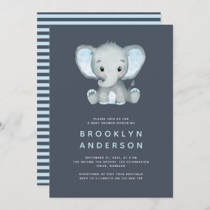 Blue Stripe Elephant Boy Baby shower Invitation Kaart